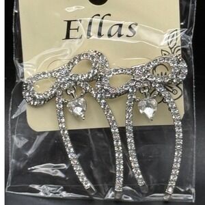 Ellas Silver Tone Rhinestone Bow Heart Dangle Drop Earrings New